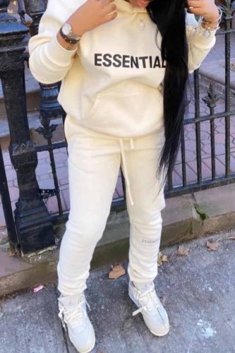 Cream White Casual Print Letter Hooded Collar Long Sleeve Two Pieces