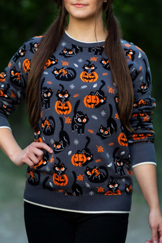 Dark Gray Halloween Pumpkin Cat Print Crewneck Fitted Long Sleeve Sweatshirt