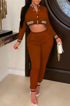 Brown Casual Solid Patchwork O Neck Long Sleeve Two Pieces