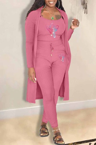 Pink Casual Print Patchwork Long Sleeve Three Pieces