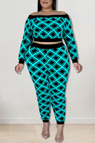 Lake Blue Sexy Print Patchwork Off the Shoulder Plus Size Two Pieces
