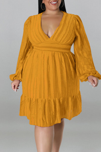 Orange Casual Solid Patchwork Fold V Neck Straight Dresses