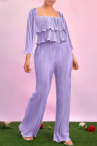 Purple Casual Solid Patchwork Square Collar Long Sleeve Two Pieces