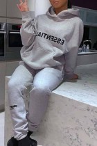Grey Casual Print Letter Hooded Collar Long Sleeve Two Pieces
