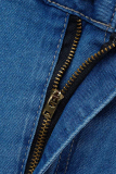 Tibetan Blue Casual Solid Patchwork Plus Size Jeans