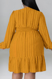 Orange Casual Solid Patchwork Fold V Neck Straight Dresses