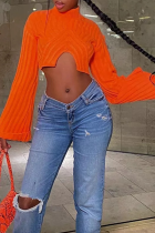Tangerine Red Street Solid Patchwork Half A Turtleneck Tops