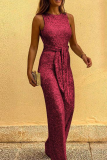 Burgundy Elegant Solid Sequined With Belt O Neck Straight Jumpsuits