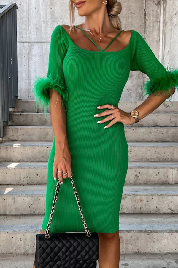 Green Sweet Solid Solid Color Off the Shoulder Pencil Skirt Dresses