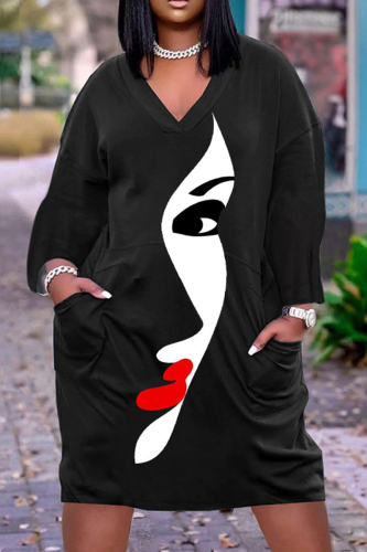Black White Casual Print Patchwork V Neck Long Sleeve Dresses