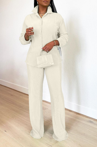 White Casual Solid Patchwork Turndown Collar Long Sleeve Two Pieces