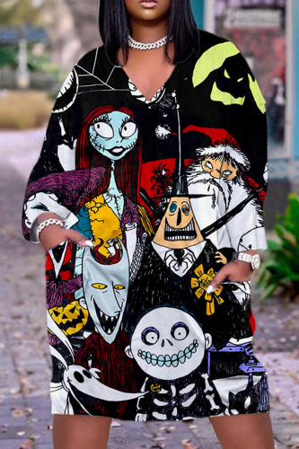Black And White Casual Party Print Patchwork V Neck Straight Dresses