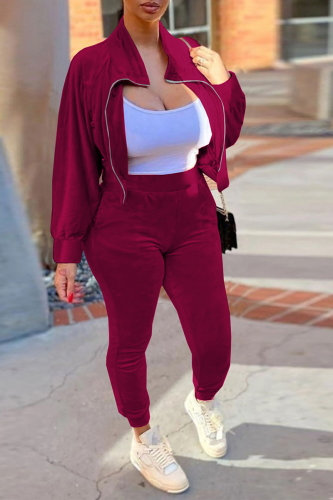 Burgundy Casual Solid Patchwork Zipper Collar Long Sleeve Two Pieces