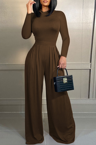 Coffee Casual Solid Patchwork Half A Turtleneck Long Sleeve Two Pieces
