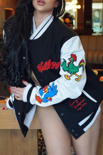 Black Street Embroidery Buckle Mandarin Collar Outerwear