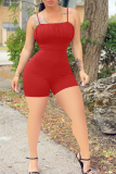 Red Sexy Solid Hollowed Out Spaghetti Strap Skinny Rompers