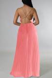 Pink Elegant Solid Patchwork Backless Fold Straight Jumpsuits