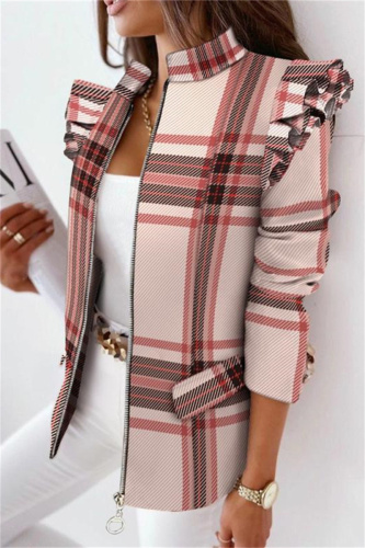 Pink Casual Print Patchwork Flounce Zipper Collar Outerwear