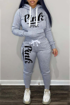 Light Gray Street Print Letter Hooded Collar Long Sleeve Two Pieces