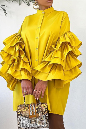Yellow Casual Solid Patchwork Half A Turtleneck Shirt Dress Dresses