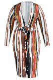 Brown Sexy Striped Print Bandage Patchwork V Neck Plus Size Two Pieces
