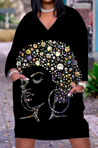 Black Casual Print Patchwork V Neck Straight Dresses