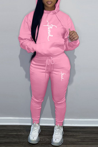 Pink Casual Print Draw String Hooded Collar Long Sleeve Two Pieces