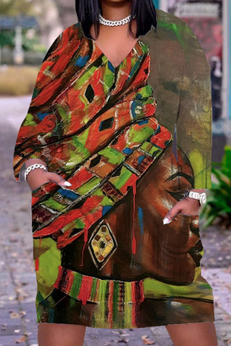 Dark Green Casual Print Patchwork V Neck Straight Dresses