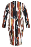 Brown Sexy Striped Print Bandage Patchwork V Neck Plus Size Two Pieces