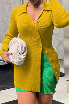 Earth Yellow Casual Solid Patchwork Buttons Turndown Collar Tops