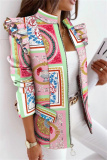 Pink Casual Print Patchwork Flounce Zipper Collar Outerwear