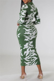 Green Casual Print Patchwork Turndown Collar Long Sleeve Dresses