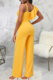Yellow Casual Solid Patchwork Spaghetti Strap Boot Cut Jumpsuits