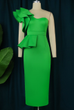 Green Street Solid Flounce One Shoulder Pencil Skirt Dresses