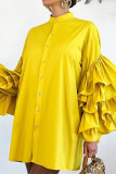 Yellow Casual Solid Patchwork Half A Turtleneck Shirt Dress Dresses