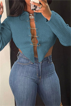Blue Sexy Casual Solid Cardigan Asymmetrical Turndown Collar Tops