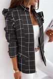 Matte Black Casual Print Patchwork Flounce Zipper Collar Outerwear