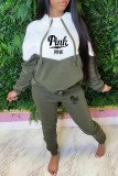 Green Casual Print Patchwork Letter Hooded Collar Long Sleeve Two Pieces