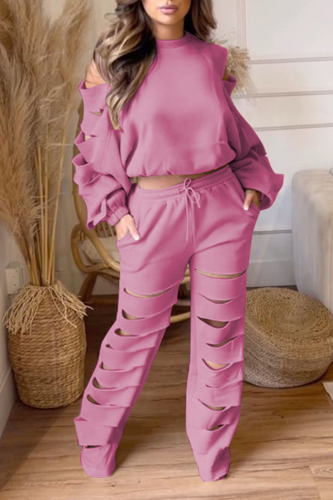 Pink Casual Street Solid Hollowed Out Patchwork O Neck Long Sleeve Two Pieces