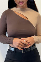 Dark Khaki Sexy Casual Solid Hollowed Out Patchwork O Neck Tops