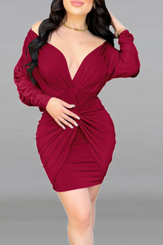 Burgundy Casual Solid Fold V Neck Waist Skirt Dresses