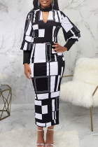 Black And White Street Print Hollowed Out Halter Pencil Skirt Dresses