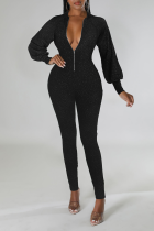 Black Sexy Solid Sequins Zipper Collar Skinny Jumpsuits