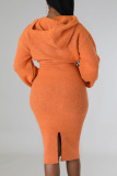Orange Sexy Solid Patchwork Hooded Collar One Step Skirt Dresses