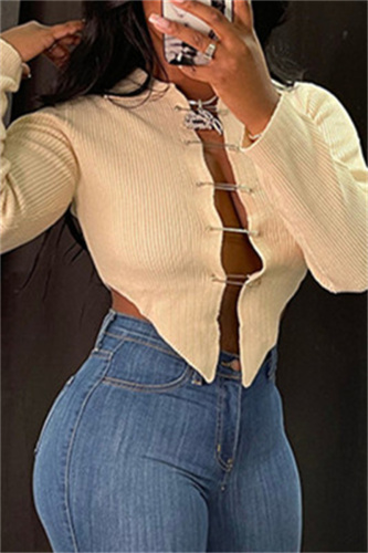 Apricot Sexy Casual Solid Cardigan Asymmetrical Turndown Collar Tops