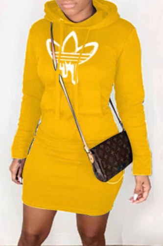 Yellow Casual Print Patchwork Hooded Collar One Step Skirt Dresses