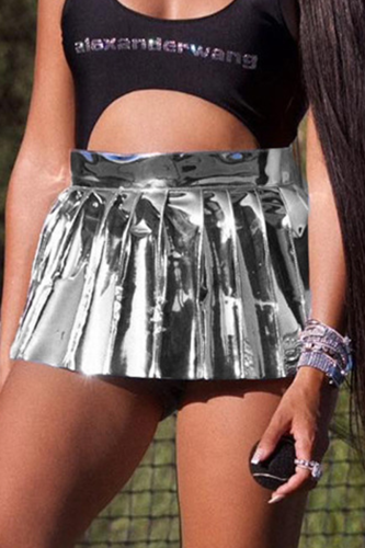 Silver Casual Patchwork Fold Regular High Waist Type A Solid Color Bottoms