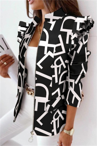 Black White Casual Print Patchwork Flounce Zipper Collar Outerwear
