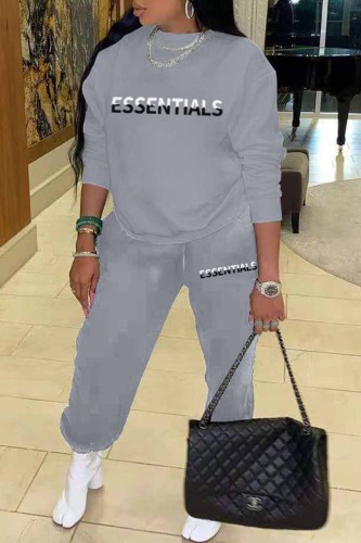Grey Casual Print Letter O Neck Long Sleeve Two Pieces