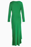 Green Casual Solid Patchwork Fold Asymmetrical O Neck Straight Dresses